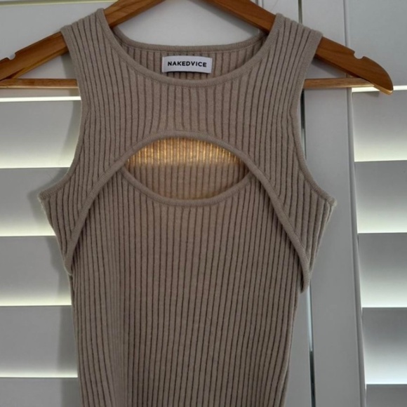 NAKEDVICE Ribbed Cut Out Beige Top - Picture 1 of 5